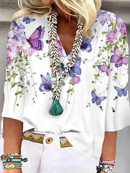 Plus Size Butterfly Casual Shirt, Shirts & Blouses, color:White|size:4X, JustFashionNow