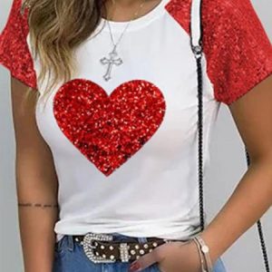 Beaded Regular Fit Heart/Cordate Casual T-Shirt, T-Shirts, color:White|size:XXL, JustFashionNow