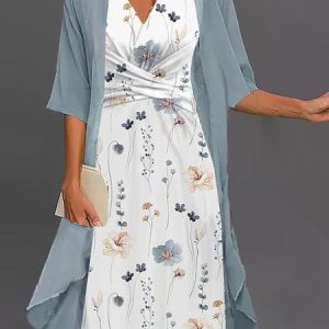 Elegant Loose V Neck Floral Two-Piece Set, Formal Dresses, color:White|size:XXL, JustFashionNow