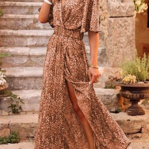 Vacation Disty Floral Short Sleeve Dress, Floral Dresses, color:Khaki|size:XS, JustFashionNow