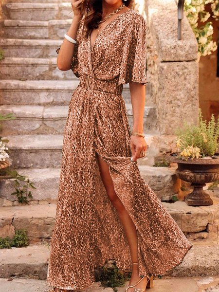 Vacation Disty Floral Short Sleeve Dress, Floral Dresses, color:Khaki|size:XS, JustFashionNow