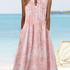 V Neck Buttoned Floral Vacation Dress, Maxi, color:Pink|size:XXL, Noracora