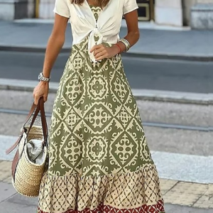 Loose Ethnic V Neck Casual Dress With No Belt, Dresses, color:Green|size:XXL, JustFashionNow