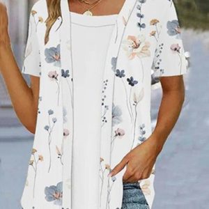V Neck Loose Casual Floral Shirt, Shirts & Blouses, color:White|size:XXL, JustFashionNow