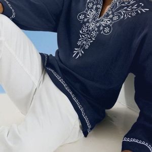 Ethnic Casual Loose Shirt, Shirts ＆ Blouse, color:Deep Blue|size:3XL, JustFashionNow