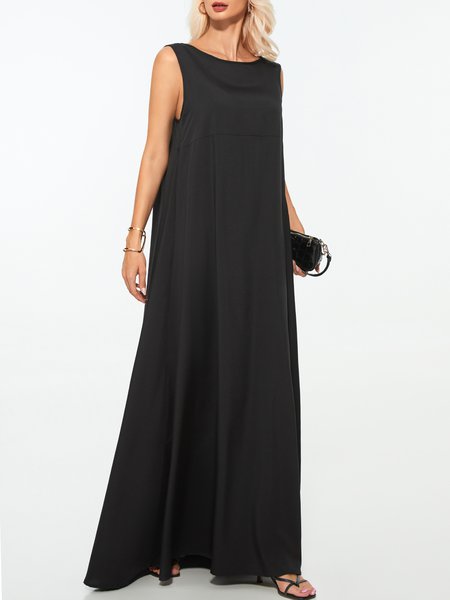 Plain Sleeveless Crew Neck Casual Weaving Dress, Dresses, color:Black|size:XS, Stylewe