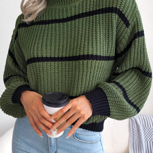 Women Striped Long Sleeve Comfy Casual Sweater, Sweaters, color:Army Green|size:L, Noracora