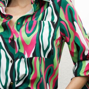 Loose Abstract  Print Shirt Collar Urban Blouse, Blouses and Shirts, color:Green|size:XXL, Stylewe