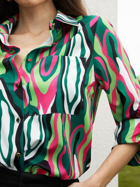 Loose Abstract Print Shirt Collar Urban Blouse, Blouses and Shirts, color:Green|size:XXL, Stylewe