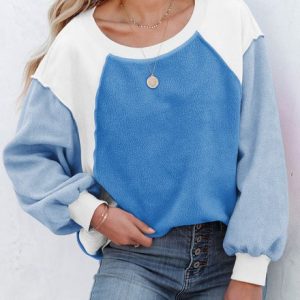 Casual Crew Neck Color Block Sweatshirt, Hoodies & Sweatshirts, color:Sky Blue|size:XXL, Noracora