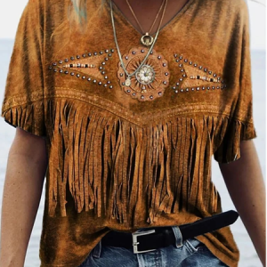 Casual 3D Printing V Neck Short Sleeve T-shirt, T-shirts, color:Brown|size:XXL, Noracora