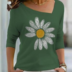 Casual Floral Asymmetrical Long Sleeve T-shirt, T-shirts, color:Green|size:5XL, Noracora