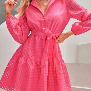 Women Plain Shirt Collar Long Sleeve Comfy Casual Midi Dress, Midi, color:Deep Pink|size:XL, Noracora