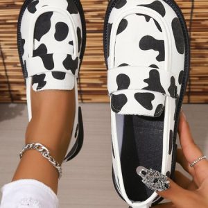 Black and White Cow Pattern Personalized Loafers, Flats, color:Black-white|size:42, JustFashionNow