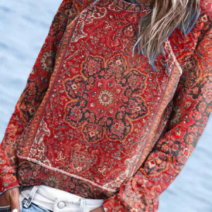 Casual Crew Neck Ethnic Sweatshirt, Hoodies & Sweatshirts, color:Red|size:XXL, Noracora
