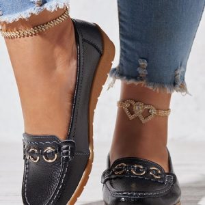O-Ring Metal Decor Comfort Sole Split Leather Casual Loafers, Flats/Loafers, color:Black|size:44, Noracora