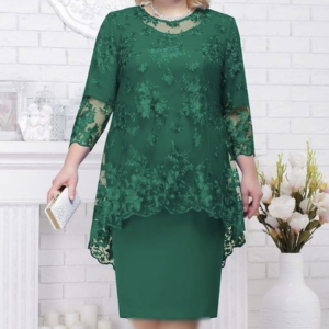 Women Plain Crew Neck Three Quarter Sleeve Comfy Party Lace Midi Dress, Dresses, color:darkgreen|size:5XL, Noracora