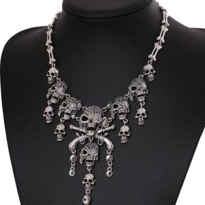 Halloween Retro Exaggerated Skull Pendant Tassel Alloy Necklace, Necklace, color:Silver|size:One-size, Noracora