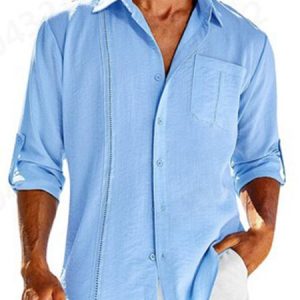 Shirt Collar Regular Sleeve Cotton And Linen Urban Shirt, Shirts ＆ Blouse, color:Sky Blue|size:3XL, JustFashionNow