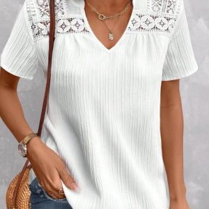 Plain V Neck Simple Shirt, Shirts & Blouses, color:White|size:XXL, JustFashionNow