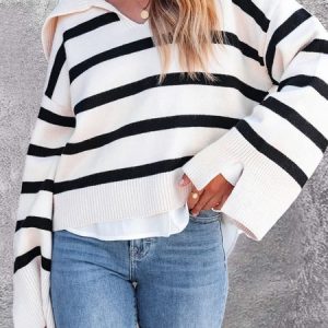 Casual Striped V Neck Regular Fit Sweater, Sweaters, color:White|size:XXL, JustFashionNow