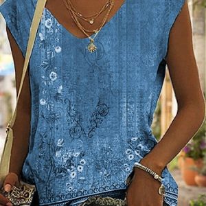 Floral Loose Vacation Tank Top, Tanks & Camis, color:Blue|size:XXL, JustFashionNow