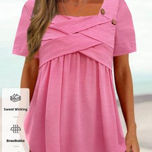 Plain Casual Square Neck Loose T-Shirt, T-Shirts, color:Pink|size:XXL, JustFashionNow