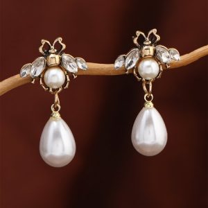Rhinestone Bee Elegant Imitation Pearl Dangle Earrings, Earrings, color:As Picture|size:One-size, JustFashionNow