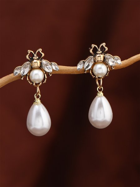 Rhinestone Bee Elegant Imitation Pearl Dangle Earrings, Earrings, color:As Picture|size:One-size, JustFashionNow