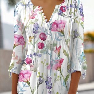 V Neck Floral Flare Sleeve Casual Top, Shirts & Blouses, color:White|size:XXL, JustFashionNow
