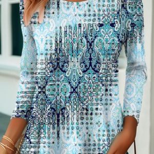 Crew Neck Casual Ethnic Loose T-Shirt, T-Shirts, color:Blue|size:XXL, JustFashionNow