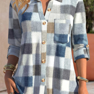 Shawl Collar Loose Plaid Casual Blouse, Shirts & Blouses, color:Blue|size:XXL, JustFashionNow