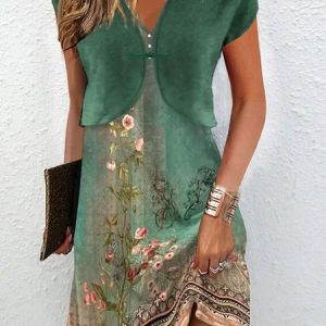 Wrap Elegant Floral Two-Piece Set, Suit Set, color:Green|size:XXL, JustFashionNow