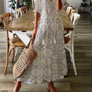 Loose Notched Casual Ethnic Dress, Maxi, color:flower|size:L, Noracora