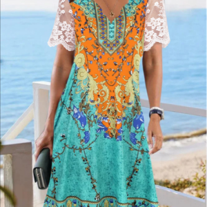 Casual V Neck Lace Dress, Dresses, color:Green|size:XXL, JustFashionNow