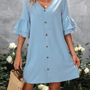 Blue Bell Sleeve V Neck Button Dress, Dresses, color:Blue|size:XL, JustFashionNow
