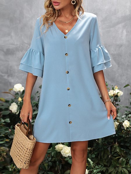 Blue Bell Sleeve V Neck Button Dress, Dresses, color:Blue|size:XL, JustFashionNow