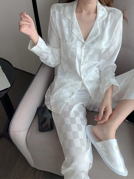 Regular Sleeve Loose Satin Simple Plaid Pajama Set, Loungewear & Sleepwear, color:Color2|size:5XL, JustFashionNow