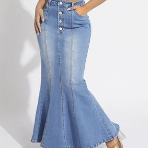 Denim Elegant Regular Fit Denim Skirt, Skirts, color:Blue|size:XXL, Stylewe