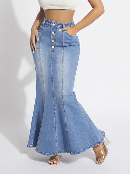 Denim Elegant Regular Fit Denim Skirt, Skirts, color:Blue|size:XXL, Stylewe