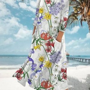 Floral Loose Crew Neck Casual Dress, Dresses, color:White|size:XXL, JustFashionNow