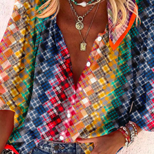 Casual Loose Color Block V Neck Blouse, Shirts & Blouses, color:Red|size:XXL, JustFashionNow