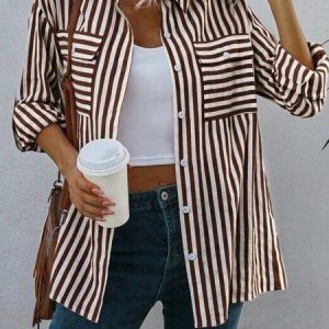 Shirt Collar Long Sleeve Striped Buckle Regular Loose TUNIC Blouse For Women 2023, Shirts, color:Coffee|size:5XL, Noracora