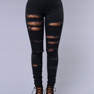 Zipper Fly Ladder Cutout Ripped Skinny Jeans, Jeans, color:Black|size:3XL, JustFashionNow