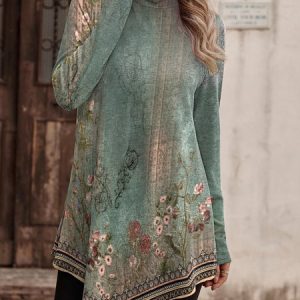 Turtleneck Floral Casual Asymmetric T-Shirt, T-Shirts, color:Green|size:XXL, JustFashionNow