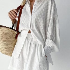 Shirt Collar Plain Casual Two-Piece Set, Suit Set, color:White|size:XXL, JustFashionNow