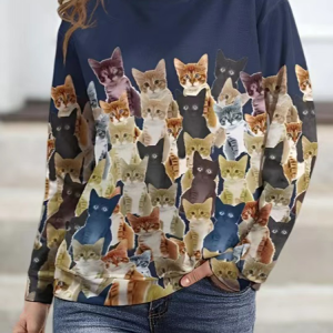 Casual Navy Cat Lightweight Crewneck Sweatshirt, Sweatshirts & Hoodies, color:Navy Blue|size:XXL, JustFashionNow