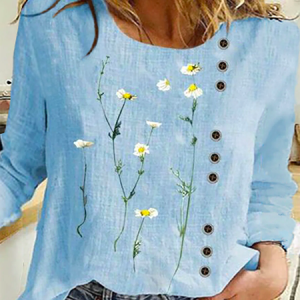 Women's Floral Cotton Blend Crew Long Sleeve Casual Top, Blouses, color:Blue|size:3XL, Noracora