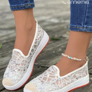 Breathable Mesh Abstract Sequin Slip On Shoes, Flats, color:White|size:42, JustFashionNow