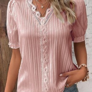 V Neck Plain Lace Elegant Shirt, Blouses, color:Pink|size:XS, Noracora